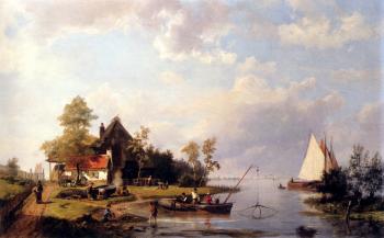 約翰內斯 赫曼努斯 庫庫尅 A River Landscape With A Ferry And Figures Mending A Boat